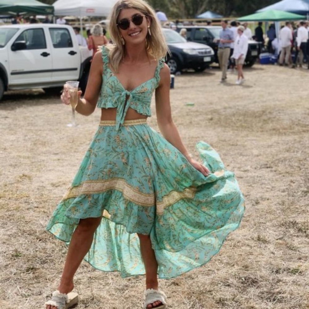 Boho floral Print Front tie Mint Crop Top gypsy - Picture 3 of 8